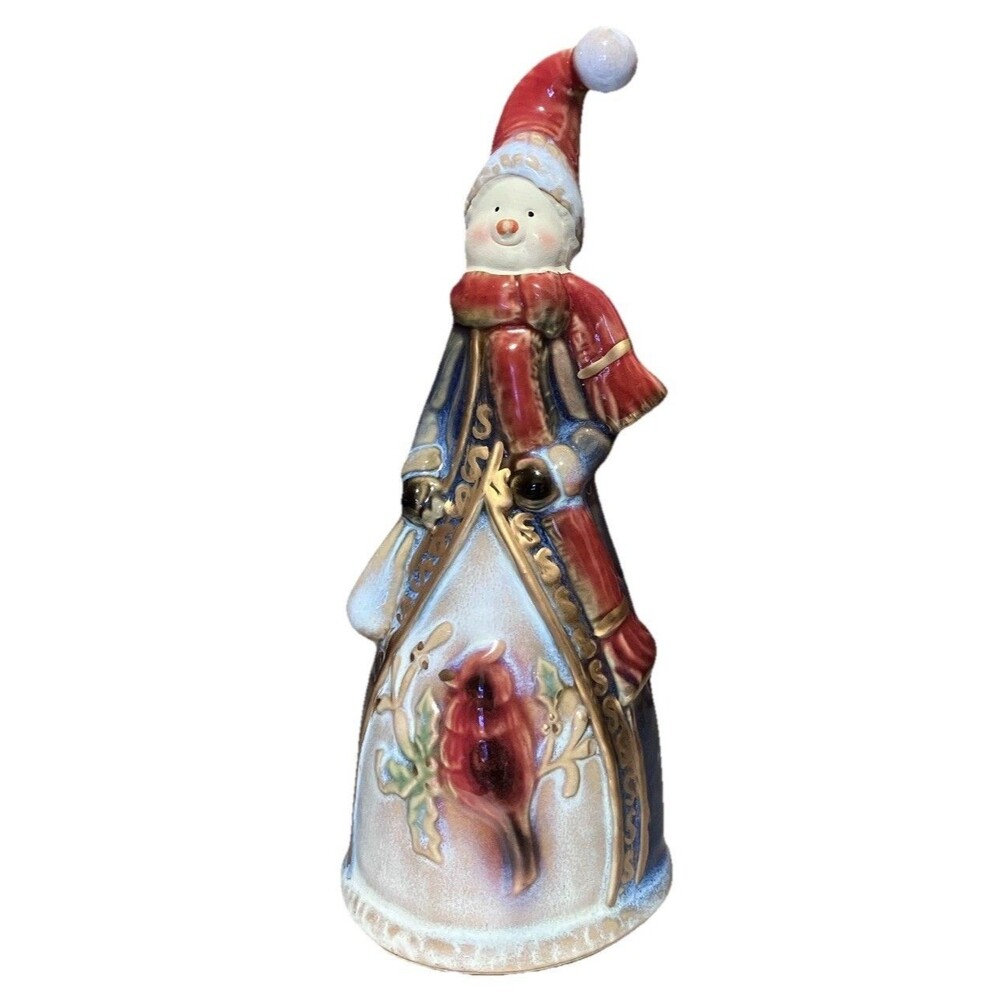 Vintage Old World Snowman Bell With A Cardinal Bird Glazed Shiny 8" Christmas
